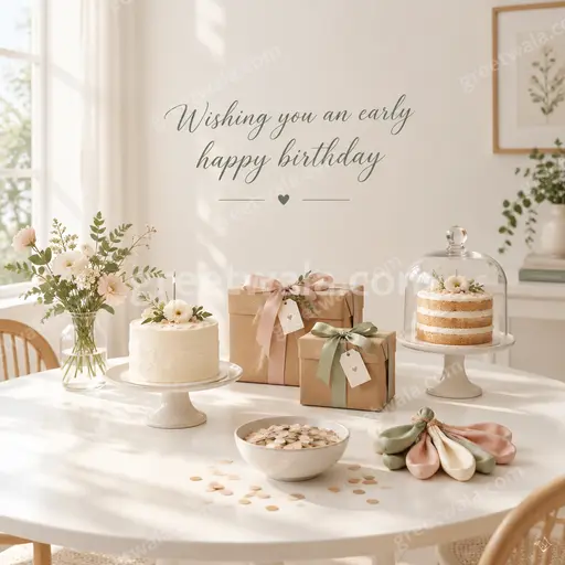 Elegant minimal advance birthday card displaying 'Wishing you an early happy birthday' in graceful script with soft pastel florals.