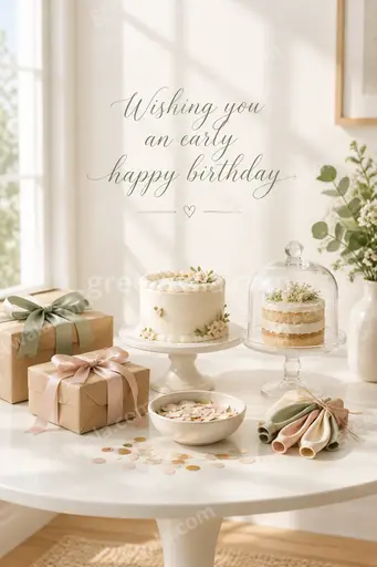 Elegant minimal advance birthday card displaying 'Wishing you an early happy birthday' with soft calm festive charm.