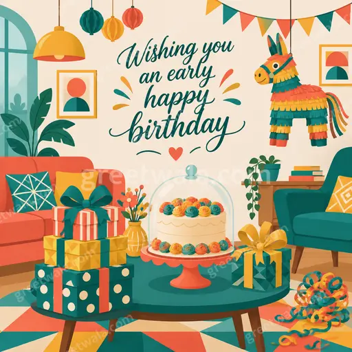 Cheerful modern flat vector advance birthday card displaying Wishing you an early happy birthday with balloons and confetti.