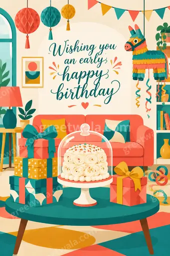 Modern flat vector advance birthday card with cheerful balloons and confetti, wishing you an early happy birthday in joyful style.
