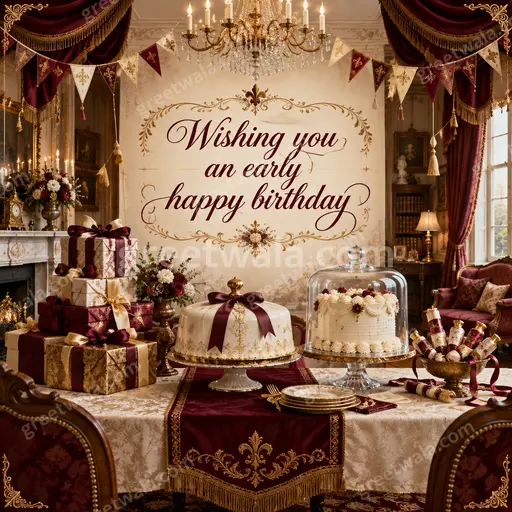 Ornate traditional advance birthday card with golden flourishes conveying warm joy, reading 'Wishing you an early happy birthday'.