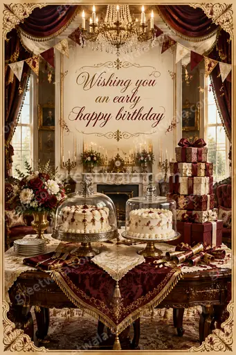 Ornate traditional advance birthday card in rich gold tones displaying Wishing you an early happy birthday joyfully.