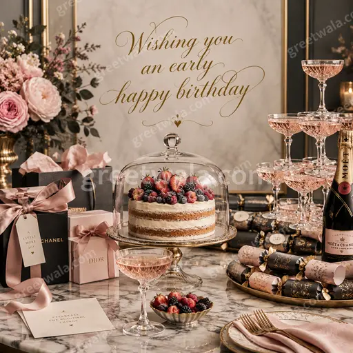 Premium advance birthday card displaying 'Wishing you an early happy birthday' with joyful elegant festive cheerful design.