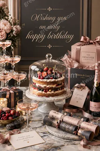 Elegant premium advance birthday card showcasing 'Wishing you an early happy birthday' with warm festive golden celebration style.