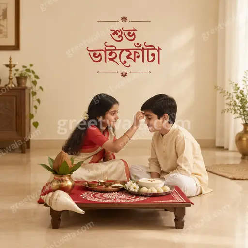 Elegant minimal Bhai Dooj card displaying শুভ ভাইফোঁটা with soft golden diyas, warm festive glow and serene blessings.
