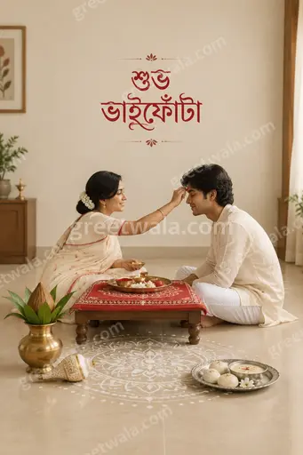 Elegant minimal Bhai Dooj card with soft festive glow, diyas and delicate motifs framing the Bengali greeting শুভ ভাইফোঁটা warmly.