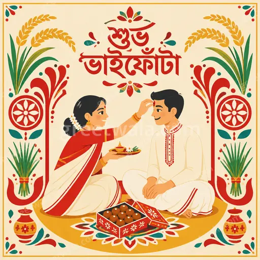 Modern flat vector Bhai Dooj card displaying শুভ ভাইফোঁটা with warm festive motifs in elegant joyful Bengali style.