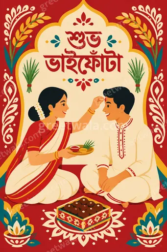 Modern flat vector Bhai Dooj card displaying শুভ ভাইফোঁটা with warm festive Bengali sibling celebration mood.