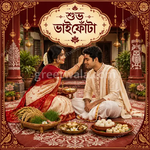 Ornate traditional Bhai Dooj greeting card displaying শুভ ভাইফোঁটা with warm festive motifs and elegant Bengali celebration charm.