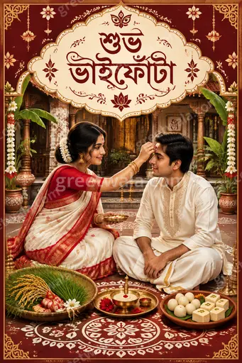 Ornate traditional Bhai Dooj card with glowing diyas, marigolds, and elegant Bengali শুভ ভাইফোঁটা calligraphy in warm festive tones.