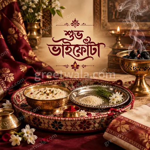 Premium Bengali Bhai Dooj card displaying 'শুভ ভাইফোঁটা' with elegant festive motifs in warm celebratory glow.