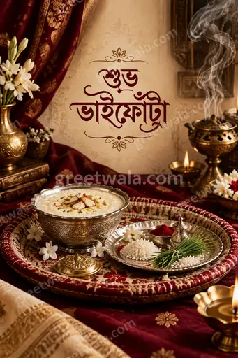 Premium Bengali Bhai Dooj card displaying 'শুভ ভাইফোঁটা' with warm festive glow, elegant diyas, marigolds and loving sibling warmth.
