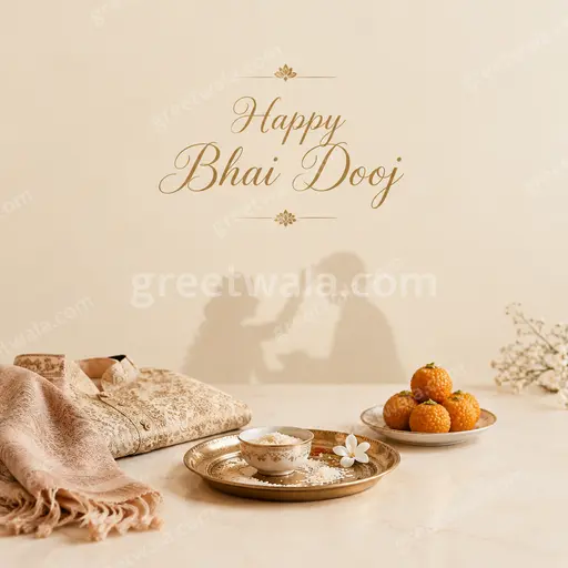 Elegant minimal Bhai Dooj card with soft golden accents and calm festive warmth displaying Happy Bhai Dooj.