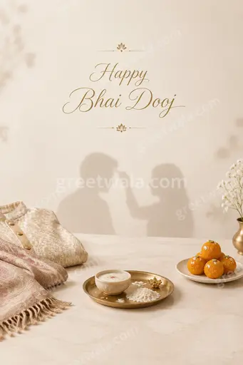 Elegant minimal cream card with delicate gold diya motifs radiating warm festive glow around Happy Bhai Dooj text.