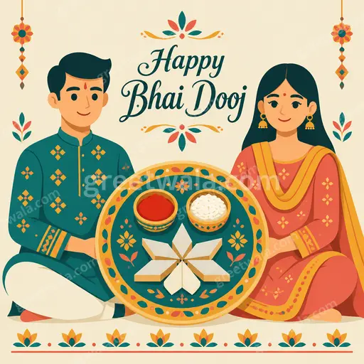 Modern flat vector card with joyful siblings, festive diyas and warm colors celebrating Happy Bhai Dooj together.