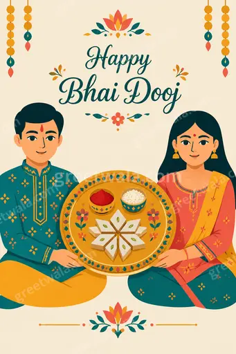 Modern flat vector Bhai Dooj card with warm festive colors, joyful sibling mood, featuring Happy Bhai Dooj greeting.