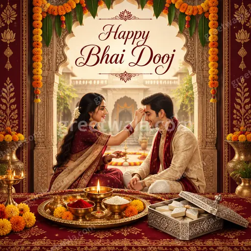 Ornate traditional Happy Bhai Dooj card with glowing diyas, marigolds, and warm colors celebrating loving sibling bond.