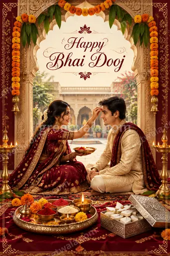 Ornate traditional Bhai Dooj card with warm festive glow featuring Happy Bhai Dooj in elegant golden lettering.