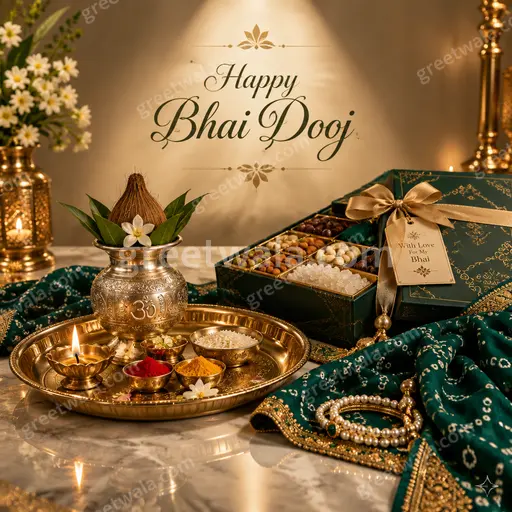 Premium Bhai Dooj greeting card showcasing Happy Bhai Dooj with elegant festive motifs in warm celebratory style.