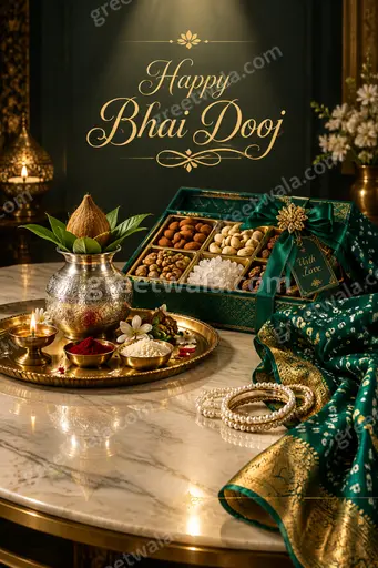 Elegant festive card radiating warm sibling love with diyas, marigolds, and golden accents celebrating Happy Bhai Dooj joyfully.