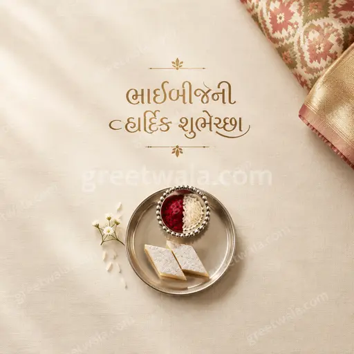 Elegant minimal Bhai Dooj card in soft gold and cream displaying ભાઈબીજની હાર્દિક શુભેચ્છા with serene festive warmth.