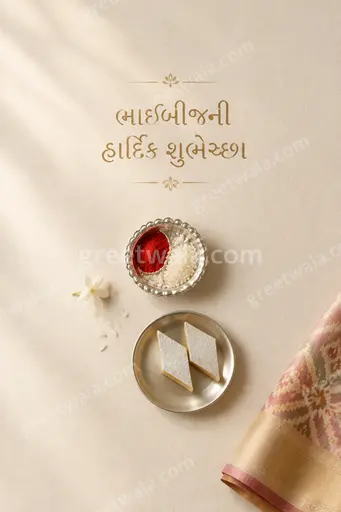 Elegant minimal Bhai Dooj card in warm tones with diya motifs and Gujarati greeting ભાઈબીજની હાર્દિક શુભેચ્છા in graceful script.