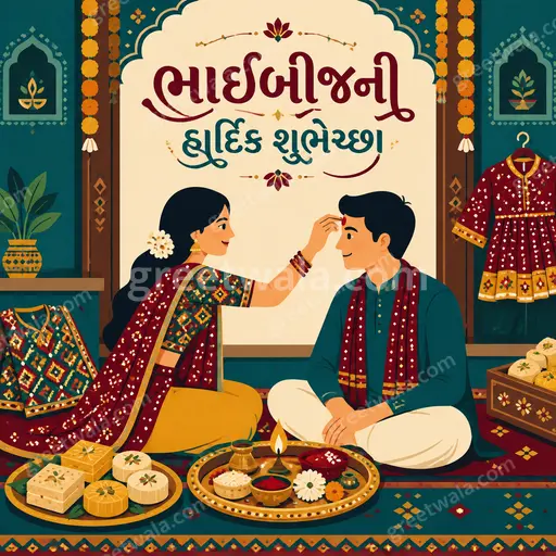 Cheerful modern flat vector Bhai Dooj card displaying 'ભાઈબીજની હાર્દિક શુભેચ્છા' with sibling illustration, diyas and festive warm background.