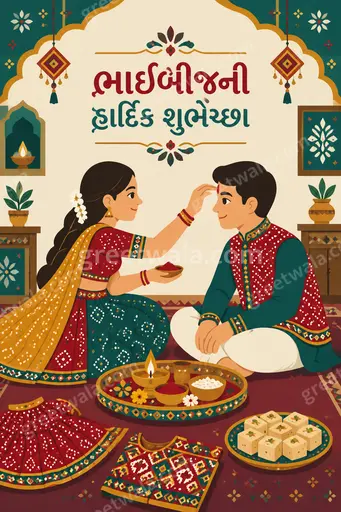 Flat vector modern Bhai Dooj card in warm festive tones showing brother-sister ritual with Gujarati greeting 'ભાઈબીજની હાર્દિક શુભેચ્છા'.