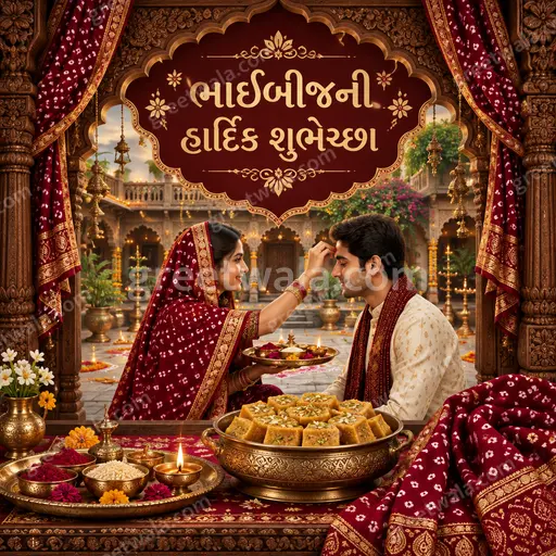Ornate traditional Bhai Dooj greeting card with festive motifs displaying ભાઈબીજની હાર્દિક શુભેચ્છા in warm celebratory elegance.