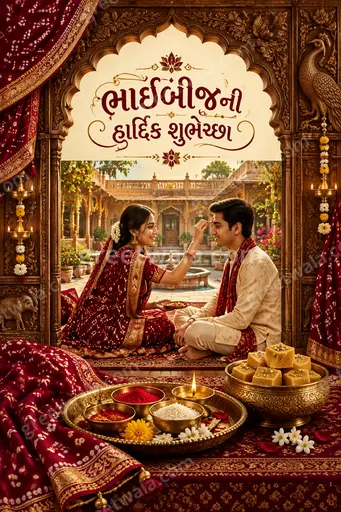 Ornate traditional Bhai Dooj card with warm festive glow, elegant motifs, displaying ભાઈબીજની હાર્દિક શુભેચ્છા joyfully.