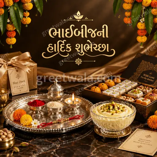 Premium Bhai Dooj card displaying ભાઈબીજની હાર્દિક શુભેચ્છા with elegant festive diyas, warm glowing tones and graceful traditional charm.