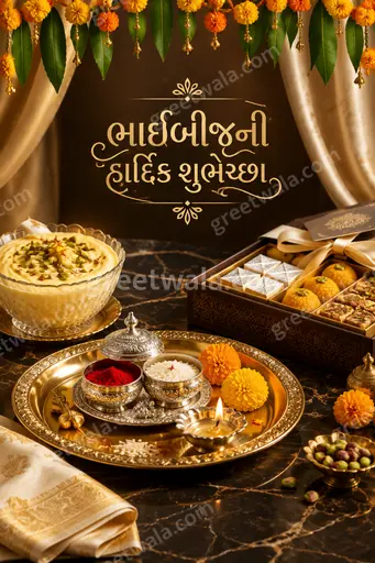 Elegant premium Bhai Dooj card in warm festive tones displaying ભાઈબીજની હાર્દિક શુભેચ્છા with traditional decorative accents.