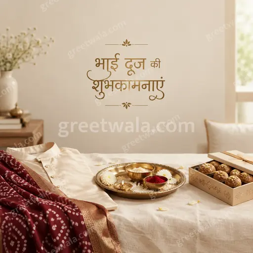 Elegant minimal Bhai Dooj card displaying भाई दूज की शुभकामनाएं with soft golden diyas and serene festive warmth.