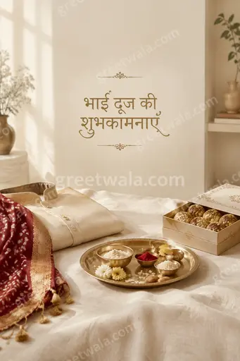 Elegant minimal Bhai Dooj card in warm festive tones displaying भाई दूज की शुभकामनाएं with graceful traditional accents.