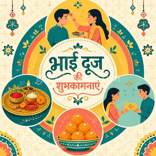 Modern flat vector Bhai Dooj card with warm festive tones displaying भाई दूज की शुभकामनाएं in elegant Hindi typography.