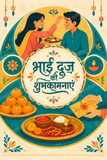 Warm cheerful modern flat vector Bhai Dooj card showing sister applying tilak with Hindi festive greetings.