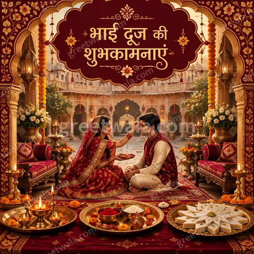Ornate traditional Hindi Bhai Dooj card showing भाई दूज की शुभकामनाएं with glowing diyas, marigolds and golden festive elegance.
