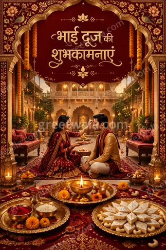 Ornate traditional Bhai Dooj card displaying भाई दूज की शुभकामनाएं with warm festive elegance and graceful decorative motifs.