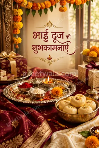 Premium Bhai Dooj card displaying 'भाई दूज की शुभकामनाएं' with warm festive diyas, elegant gold motifs and loving sibling warmth.