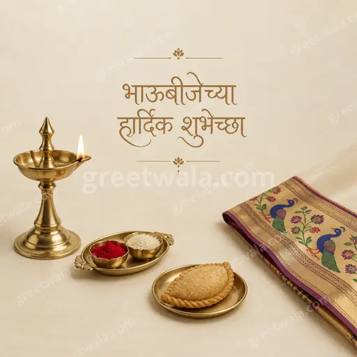 Elegant minimal Bhai Dooj card in warm festive tones displaying भाऊबीजेच्या हार्दिक शुभेच्छा with graceful traditional accents.