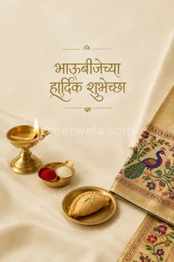 Elegant minimal Bhai Dooj card in warm gold tones with diya motifs, displaying भाऊबीजेच्या हार्दिक शुभेच्छा gracefully.