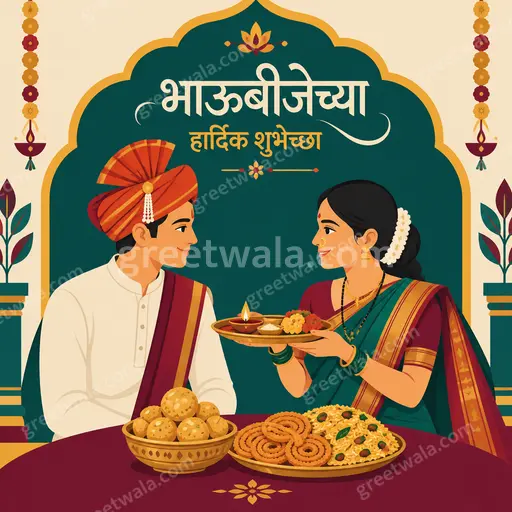Modern flat vector Bhai Dooj card in warm festive colors showing भाऊबीजेच्या हार्दिक शुभेच्छा with joyful sibling celebration motifs.