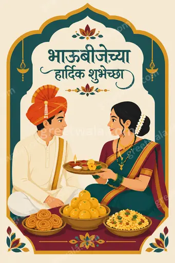 Cheerful modern flat vector Bhai Dooj card displaying 'भाऊबीजेच्या हार्दिक शुभेच्छा' with warm festive sibling celebration artwork.