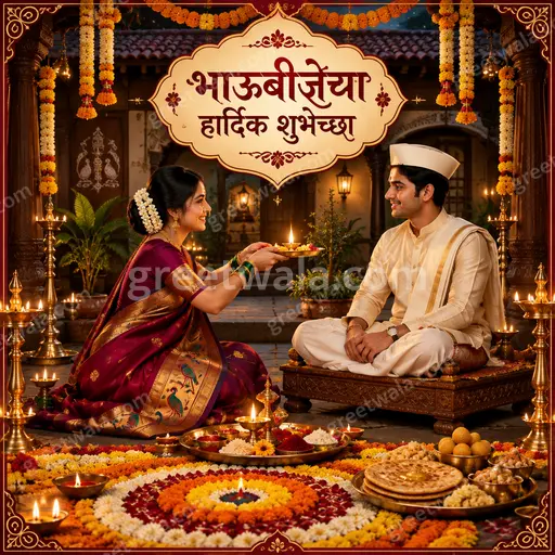 An ornate traditional Bhai Dooj card with warm festive tones displaying भाऊबीजेच्या हार्दिक शुभेच्छा in elegant Marathi lettering.
