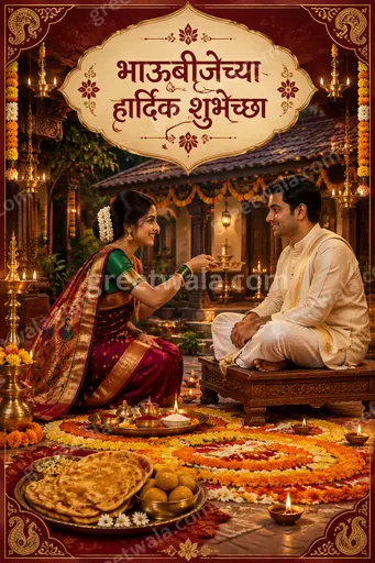 Ornate traditional Bhai Dooj card glowing with festive warmth, featuring Marathi greeting भाऊबीजेच्या हार्दिक शुभेच्छा in elegant decor.