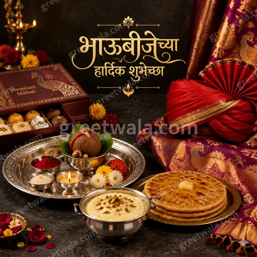 Premium Marathi Bhai Dooj card displaying 'भाऊबीजेच्या हार्दिक शुभेच्छा' with warm festive elegance, glowing diyas and marigold luxury.