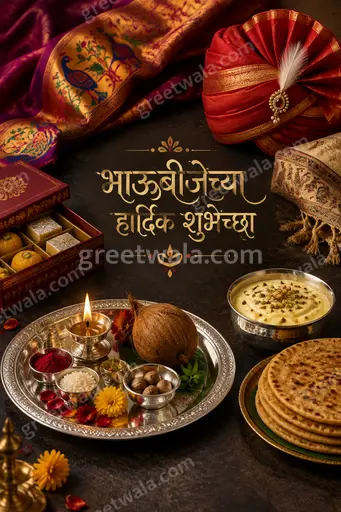 Premium Marathi Bhai Dooj showcase card with glowing diyas, marigolds, sacred thali and warm festive elegance.