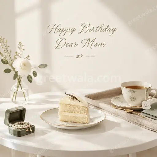 Elegant minimal birthday card for mom with soft florals, warm gold tones and graceful Happy Birthday Dear Mom lettering.