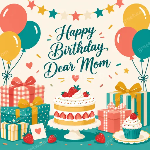 Warm modern flat vector card featuring Happy Birthday Dear Mom with soft florals and loving cheerful elegance.