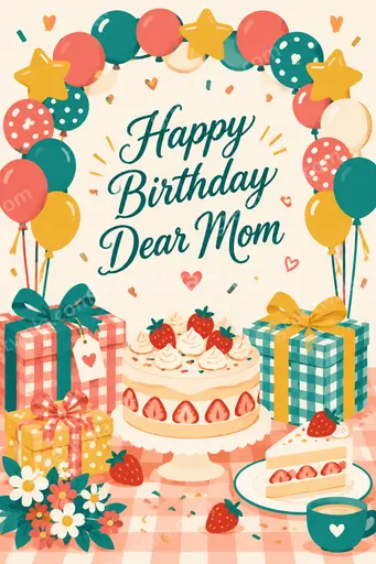 Warm flat vector birthday card with elegant florals and Happy Birthday Dear Mom in stylish modern lettering.